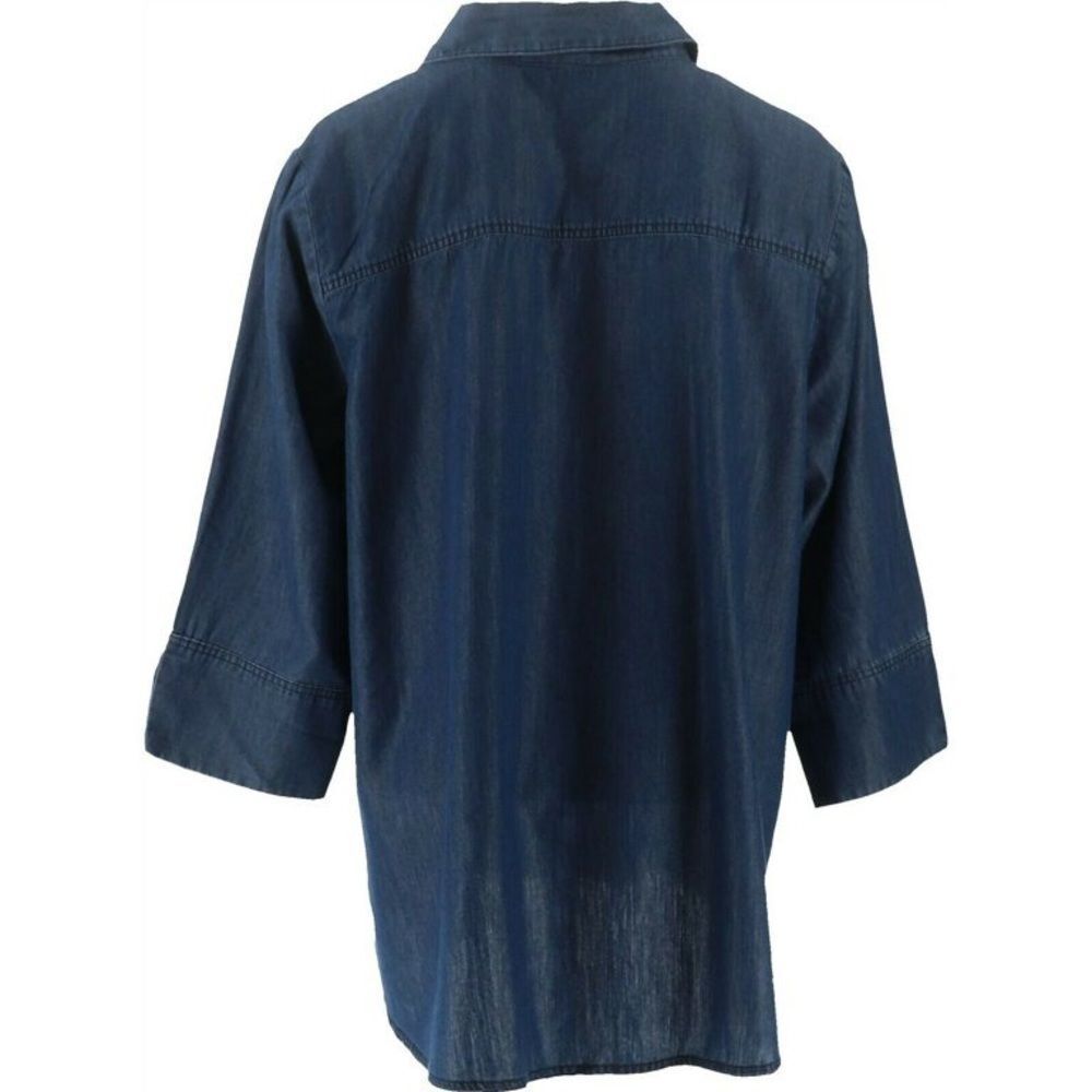 Martha Stewart Chambray Button Front 3/4- Sleeve Hi-Low Hem Blouse - Picture 6 of 8